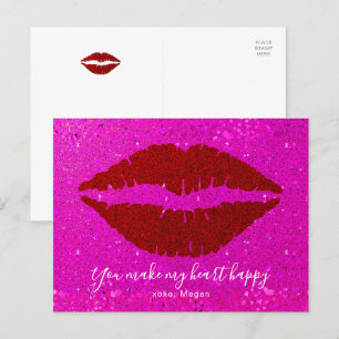 Postal Festiva Labios Rojos Brillo Rosa San Valentín Hacer Corazó