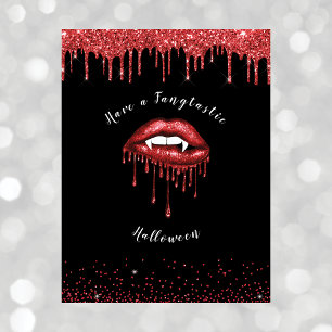 Postal Festiva Labios rojos con brillo de vampiro y colmillos de