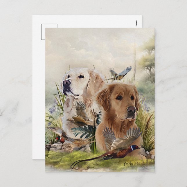 Postal Festiva Labrador recuperadores con faisán, arte (Anverso / Reverso)