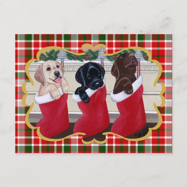 Postal Festiva Labrador Retriever Cuppies Navidades Tartán (Anverso)