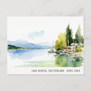 Postal Festiva Lago Ginebra Suiza Acuarela Paisaje Viajes