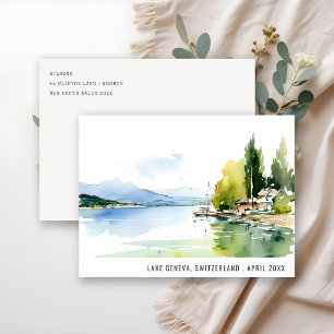 Postal Festiva Lago Ginebra Suiza Acuarela Paisaje Viajes