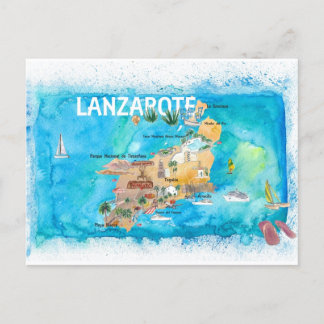 Postal Festiva Lanzarote Canarias España Mapa ilustrado