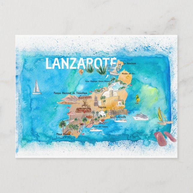 Postal Festiva Lanzarote Canarias España Mapa ilustrado (Anverso)