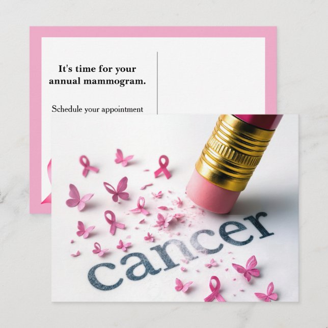 Postal Festiva Lápiz rosa borrando texto de cáncer (Anverso / Reverso)