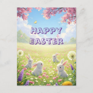 Postal Festiva Lavanda Pascua Lindo Conejo Blanco Floral Primaver