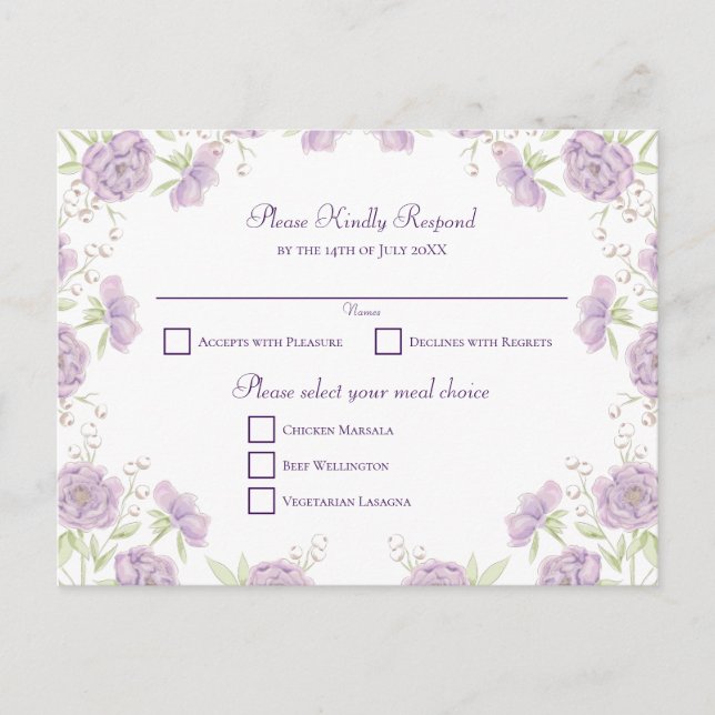 Postal Festiva Lavender Purple Rose Wedding RSVP (Anverso)