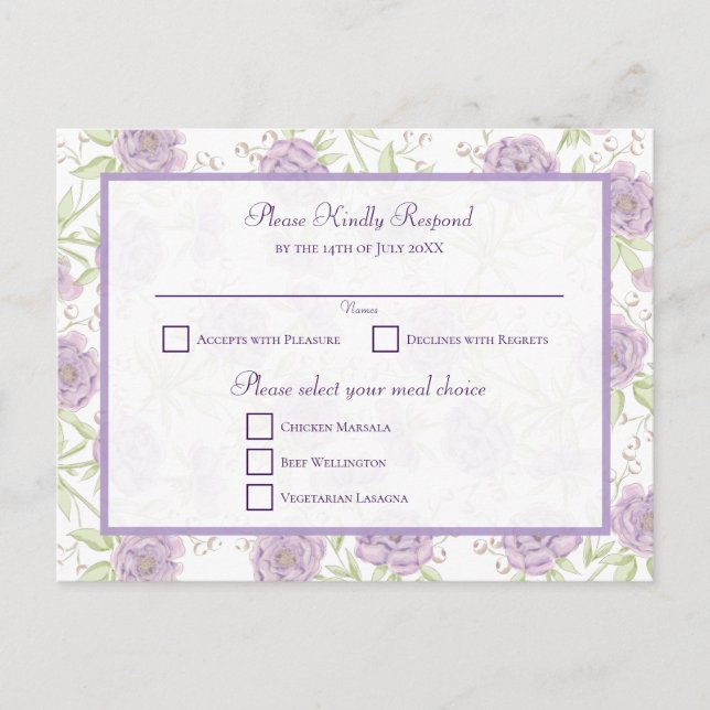 Postal Festiva Lavender Purple Rose Wedding RSVP (Anverso)