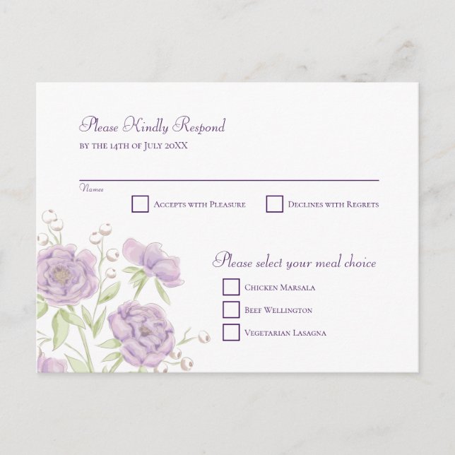 Postal Festiva Lavender Purple Rose Wedding RSVP Reply (Anverso)