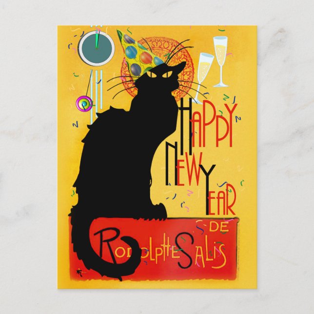 Postal Festiva Le Chat Noir Feliz Año Nuevo Fiesta (Anverso)