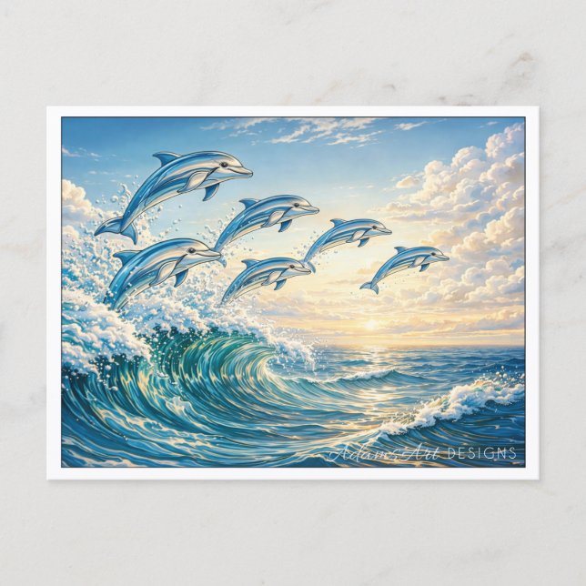 Postal Festiva Leaping Dolphins at Sunset Ocean Wave (Anverso)