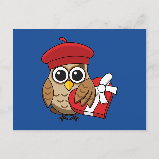 Postal Festiva Lechuza con Beret Rojo y Caja Corazón (Anverso)