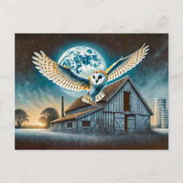 Postal Festiva Lechuza de grano con ratón por un viejo granero