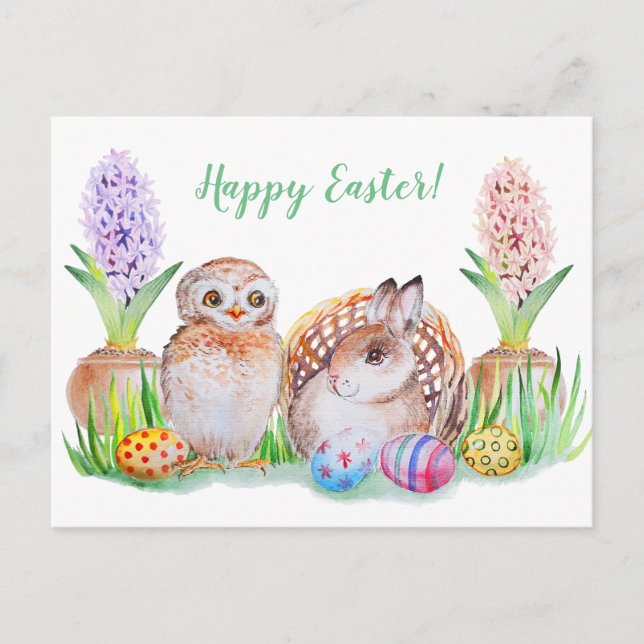 Postal Festiva Lechuza de Pascua y arte de conejo bebé (Anverso)