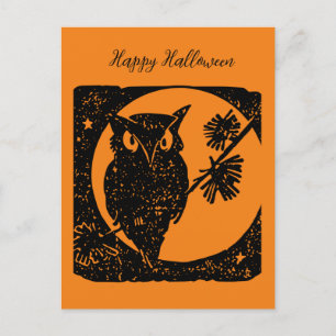 Postal Festiva Lechuza negra y naranja feliz Halloween marcador d