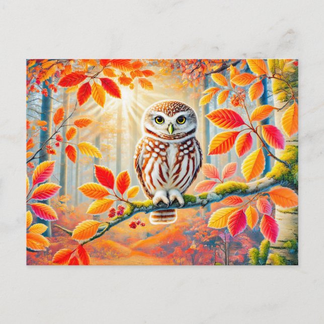 Postal Festiva Lechuza Tawny en el bosque otoñal (Anverso)