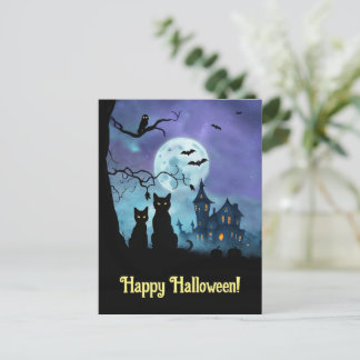 Postal Festiva Lechuzas de gatos negros de Halloween