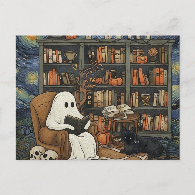 Postal Festiva Lector de libros fantasma leyendo libro de literat (Anverso)