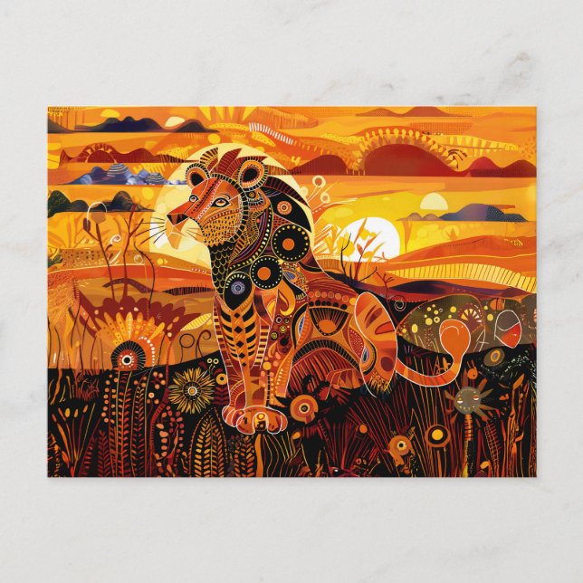 Postal Festiva león africano en pintura tribal colorida (Anverso)