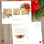 Postal Festiva Letras de bloques de joyas con iluminación dorada<br><div class="desc">Elegante saludo "Alegría" con letras medievales doradas adornadas con cúmulos de poinsettias coloreadas rojas y blancas,  verduras y hongos con resaltes dorados. Incluye gráficos florales complementarios y campos de texto editables.</div>