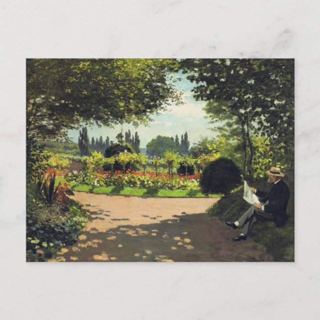 Postal Festiva Leyendo en el jardín, la famosa pintura de Monet (Anverso)