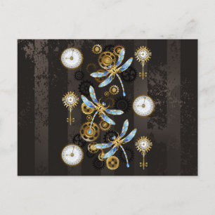 Postal Festiva Libélulas Steampunk sobre fondo marrón rayado