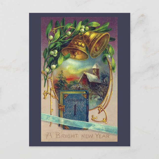 Postal Festiva Libro azul y brass Bells Viñage Año Nuevo (Anverso)