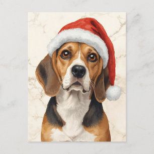 Postal Festiva Lindísimo Beagle con Gorro de Santa en Acuarela