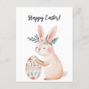 Postal Festiva lindo conejo con flores y para Pascua