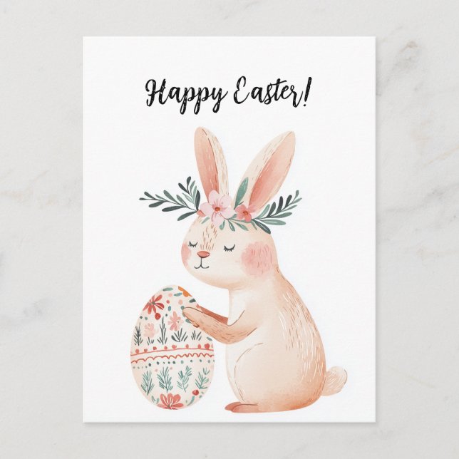 Postal Festiva lindo conejo con flores y para Pascua (Anverso)