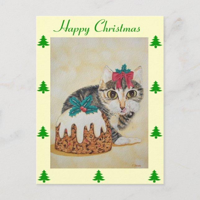 Postal Festiva lindo gatito grisáceo lamiendo navidades de pata (Anverso)