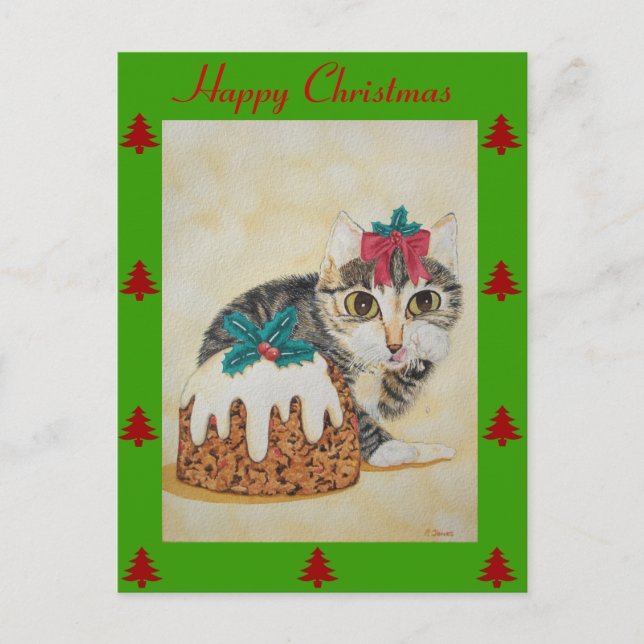 Postal Festiva lindo gatito grisáceo lamiendo navidades de pata (Anverso)