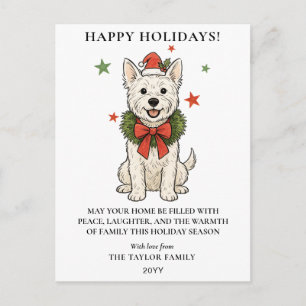 Postal Festiva Lindo perro Terrier Blanco Westie con lazo rojo y
