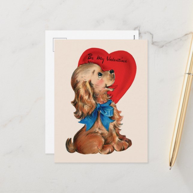 Postal Festiva lindo retro vintage Valentine puppy Holiday (Anverso/Reverso In Situ)