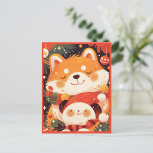 Postal Festiva Lindo Shiba Inu Abrazando Peluche de Panda
