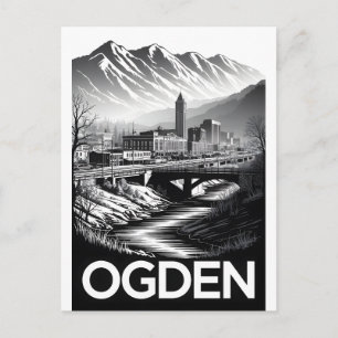 Postal Festiva Línea del cielo de Ogden Utah Negro Blanco Grabado