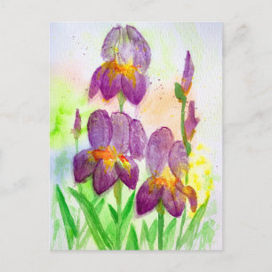 Postal Festiva Lirios Azul Violeta en Pintura de Acuarela