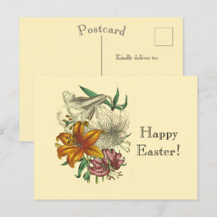 Postal Festiva Lirios Botánicos Antiguos Floral Feliz Pascua 