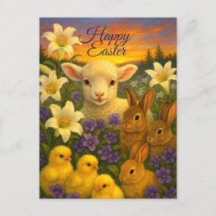 Postal Festiva Lirios de Pascua, Corderito, Conejos y Pollitos