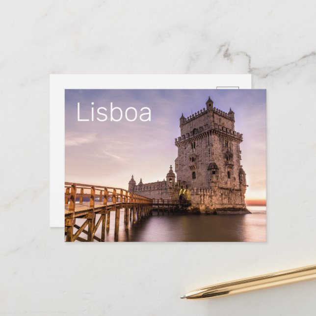 Postal Festiva Lisboa Portugal Torre de Belém Vacaciones al atard (Anverso/Reverso In Situ)