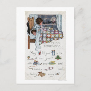 Postal Festiva Little Awaken Girl Spies Santa and Sleigh