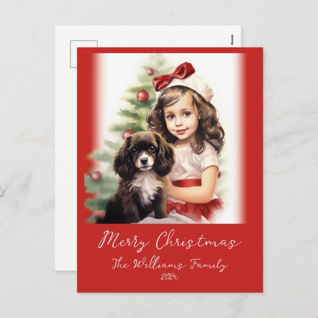 Postal Festiva Little Girl and Puppy Photo Christmas Postcard (Anverso / Reverso)
