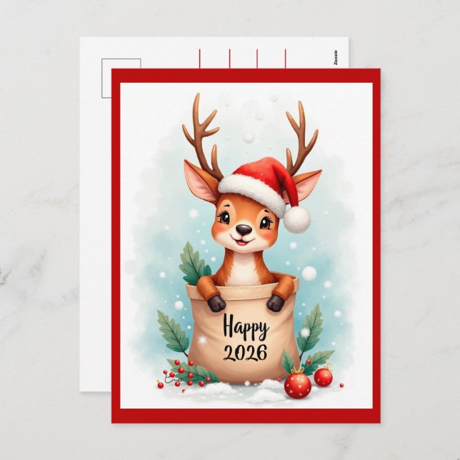 Postal Festiva Little reindeer in a Santa hat  (Anverso / Reverso)