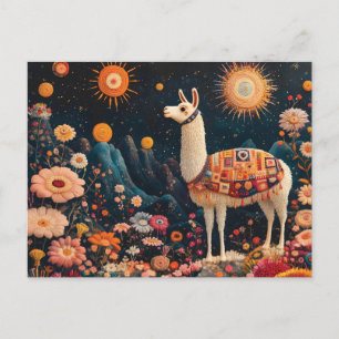 Postal Festiva Llama caprichosa en un paisaje floral estelar