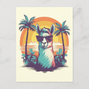 Postal Festiva Llama con gafas de sol en la playa con palmas