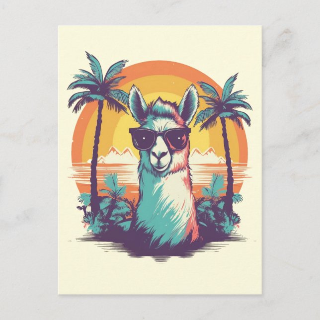 Postal Festiva Llama con gafas de sol en la playa con palmas (Anverso)