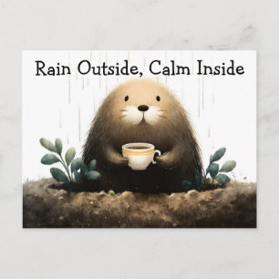 Postal Festiva Lluvia afuera, calma adentro. Topo bebiendo café