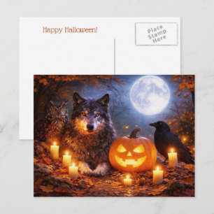 Postal Festiva Lobo Búho Cuervo Feliz Halloween