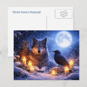 Postal Festiva Lobo Búho Cuervo Solsticio de Invierno Yule