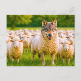 Postal Festiva Lobo disfrazado de oveja en pradera